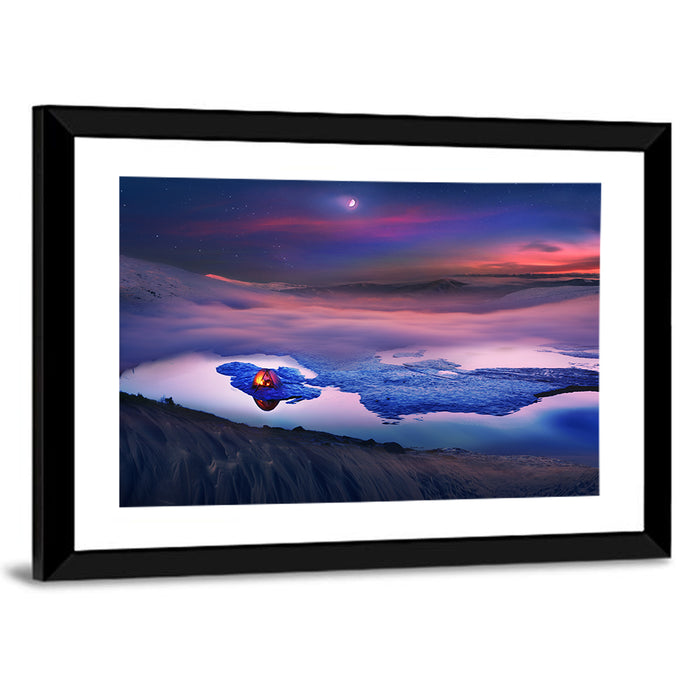 Glowing Tent on Frozen Mountain Lake Wall Art as a framed print
