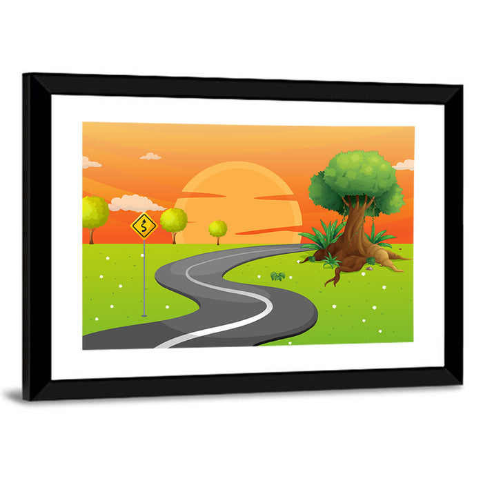 Winding Road Sunset Illustration Wall Art as a framed print