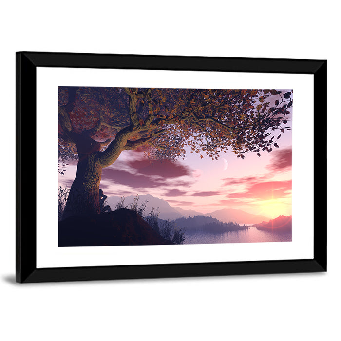 Dreamer Tree by Sunset Lake Wall Art as a framed print