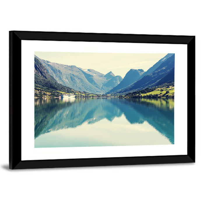 Scandinavian Mountain Lake Harbor Wall Art as a framed print