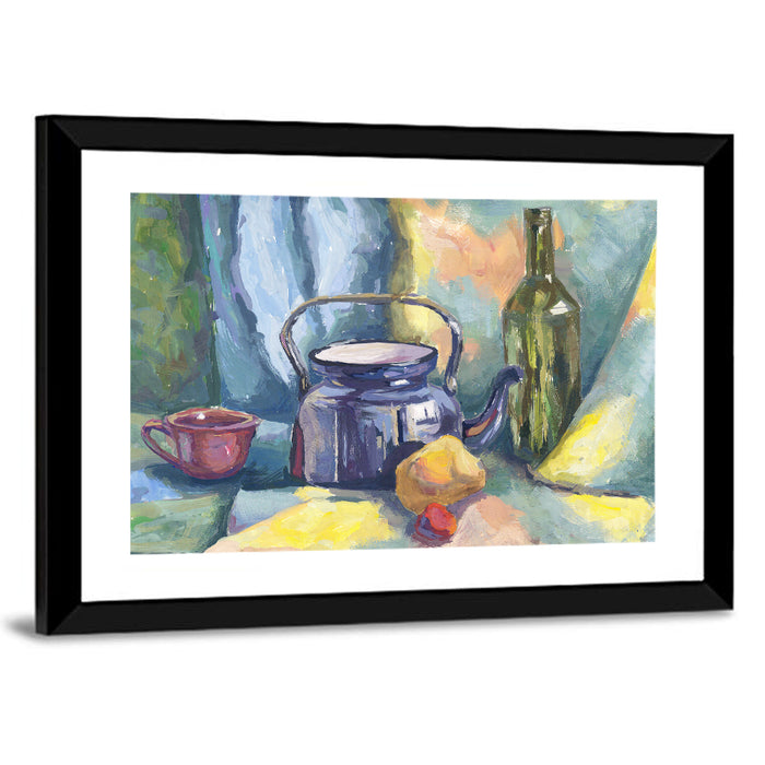 Metal Teapot and Bottle Still Life Wall Art as a framed print