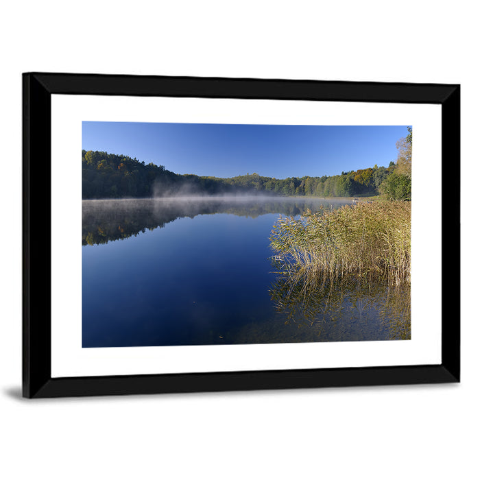 Asveja Lake Morning Mist Wall Art as a framed print