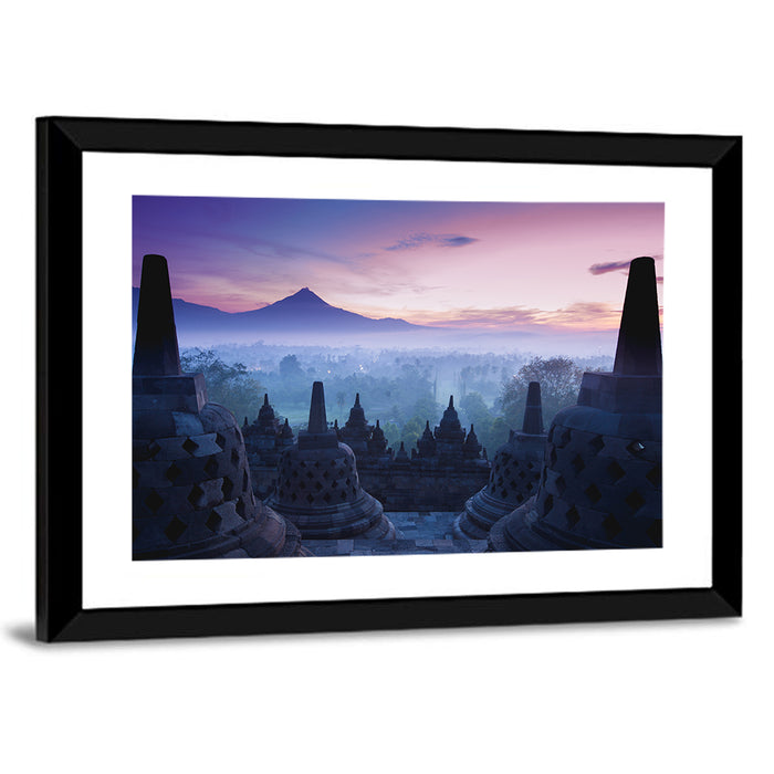 Misty Sunrise at Borobudur Wall Art as a framed print