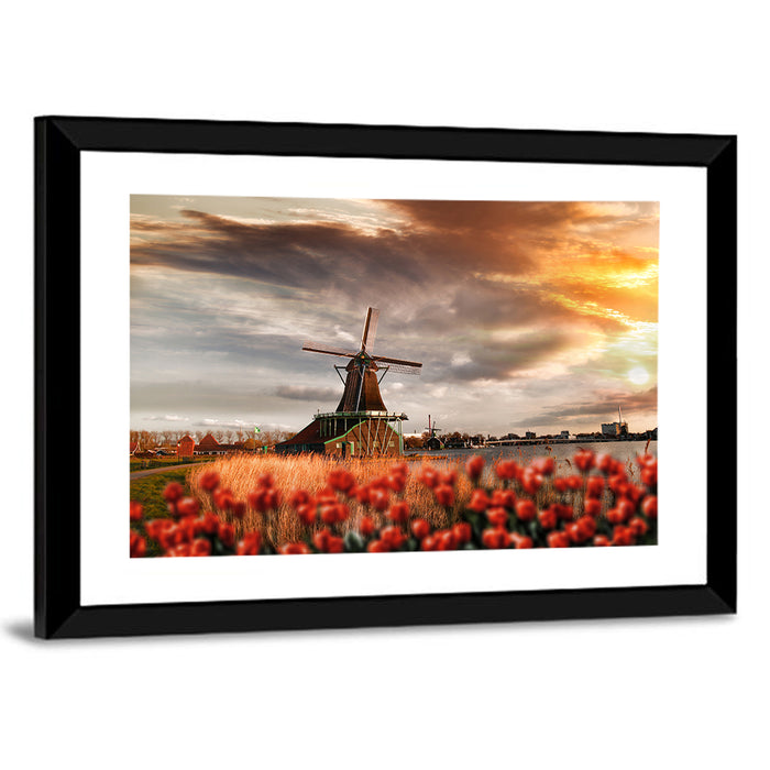 Dutch Windmill with Red Tulips Wall Art as a framed print