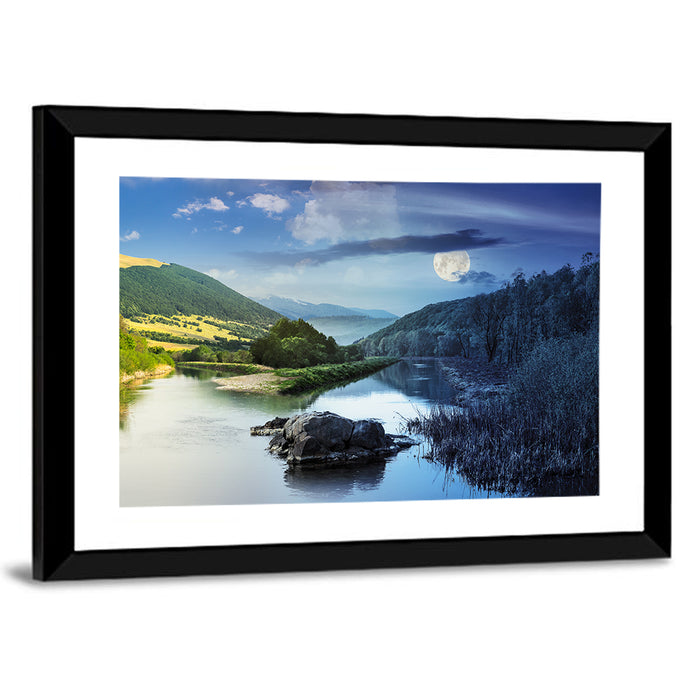Moonlit Mountain River Wall Art as a framed print