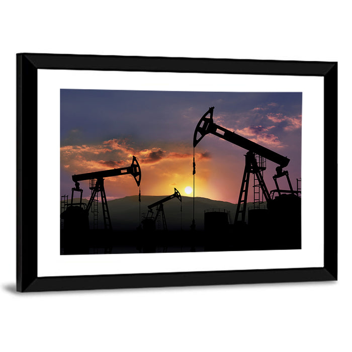 Sunset Oil Field with Pump Jacks Wall Art as a framed print