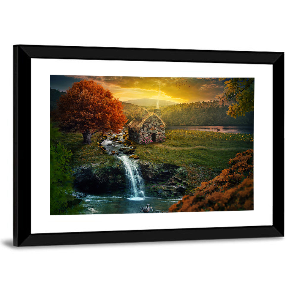 Thatched Cottage by Mountain Stream Wall Art