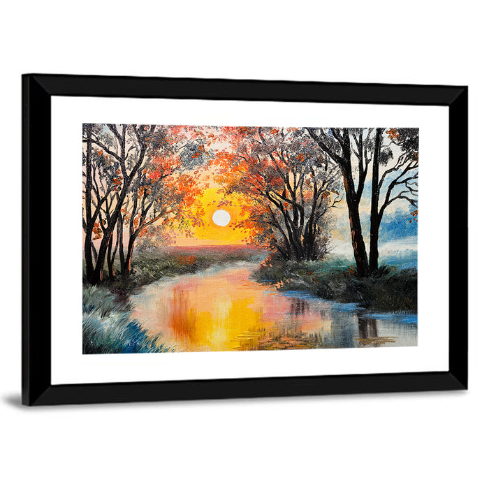 Golden Hour River Watercolor Wall Art as a framed print