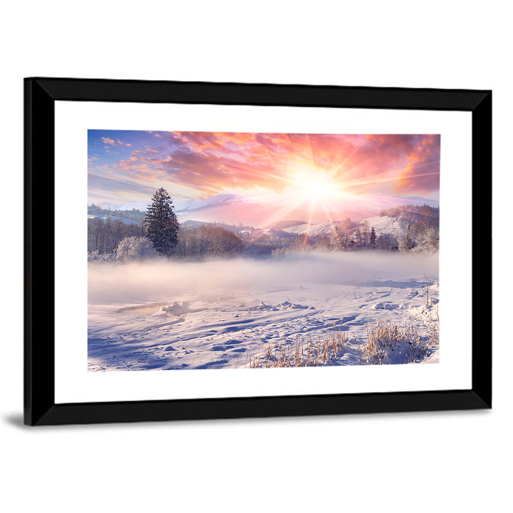 Sunrise Over Snowy Mountain Village Wall Art