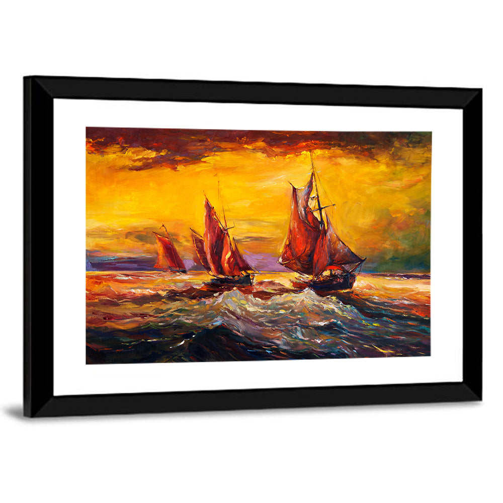 Three Sailboats at Sunset Wall Art