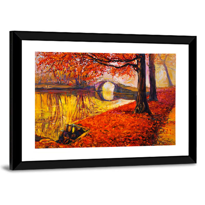 Autumn Bridge Over Golden Lake Wall Art as a framed print