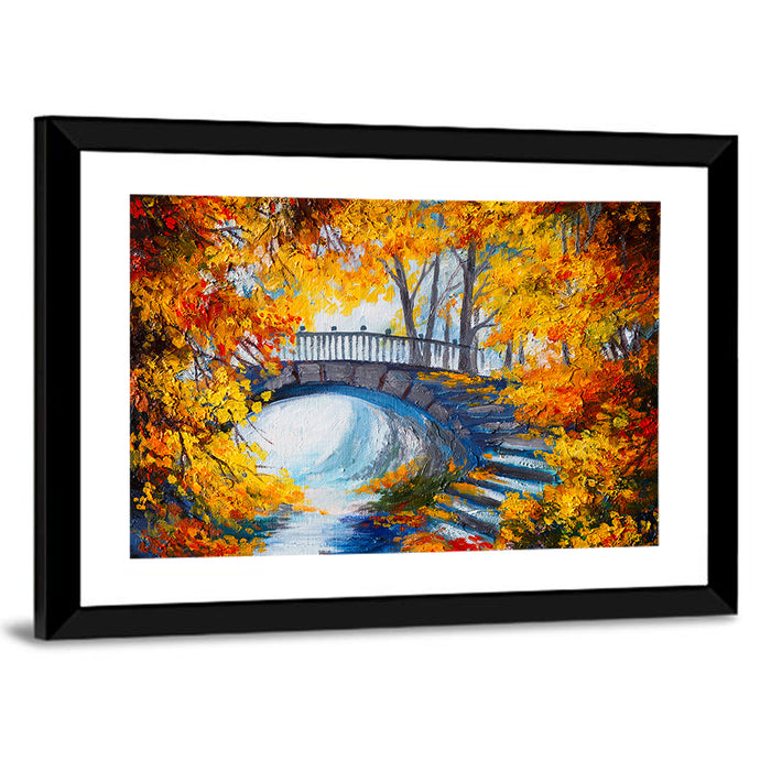 Autumn Forest Stone Bridge Wall Art as a framed print