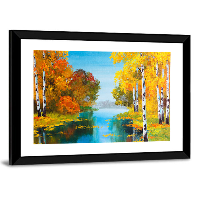 Autumn Birch River Reflection Wall Art as a framed print