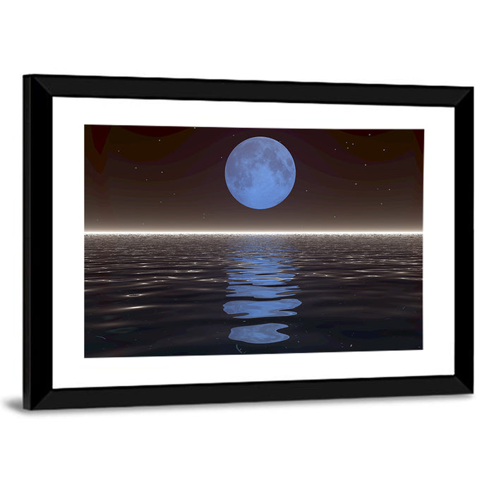 Surreal Moonset Over Reflective Sea Wall Art as a framed print