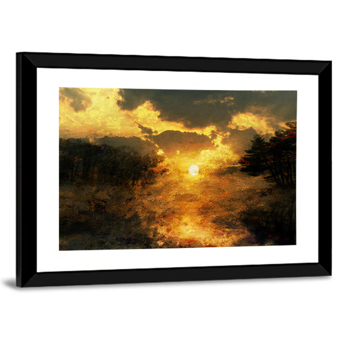 Golden Sunset Over Lake Wall Art as a framed print