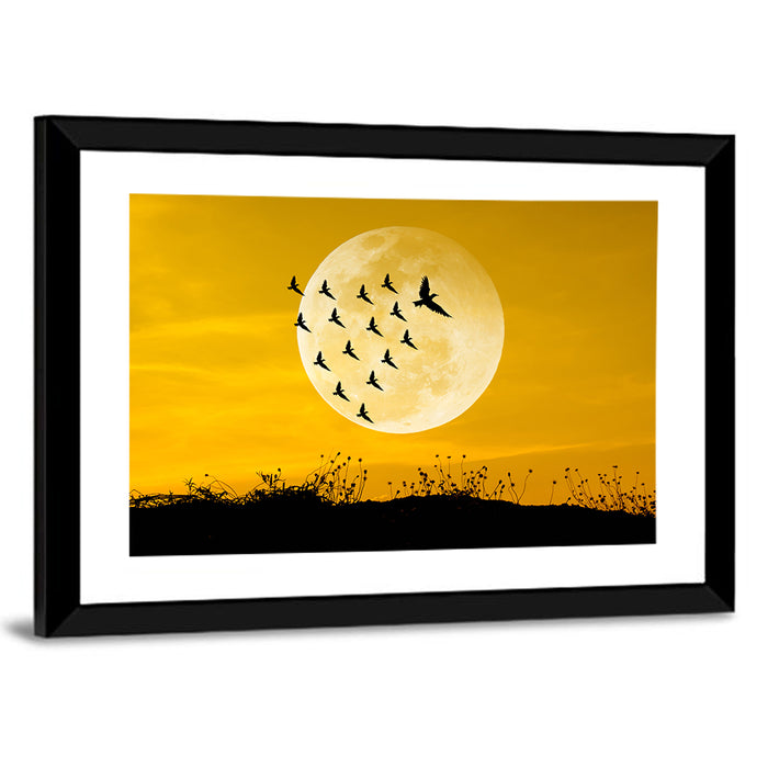 Moonlit Birds Over Wildflowers Wall Art as a framed print