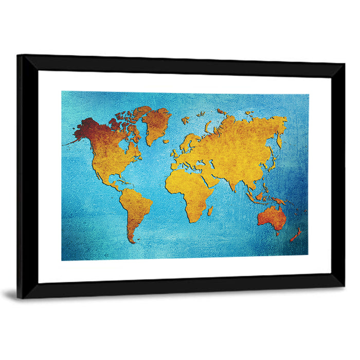 Distressed Blue World Map Wall Art as a framed print
