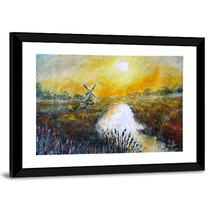 Windmill at Sunrise Over River Wall Art as a framed print
