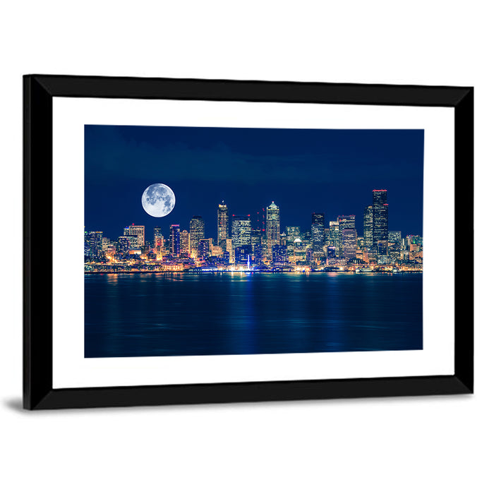 Seattle Skyline at Night Wall Art as a framed print