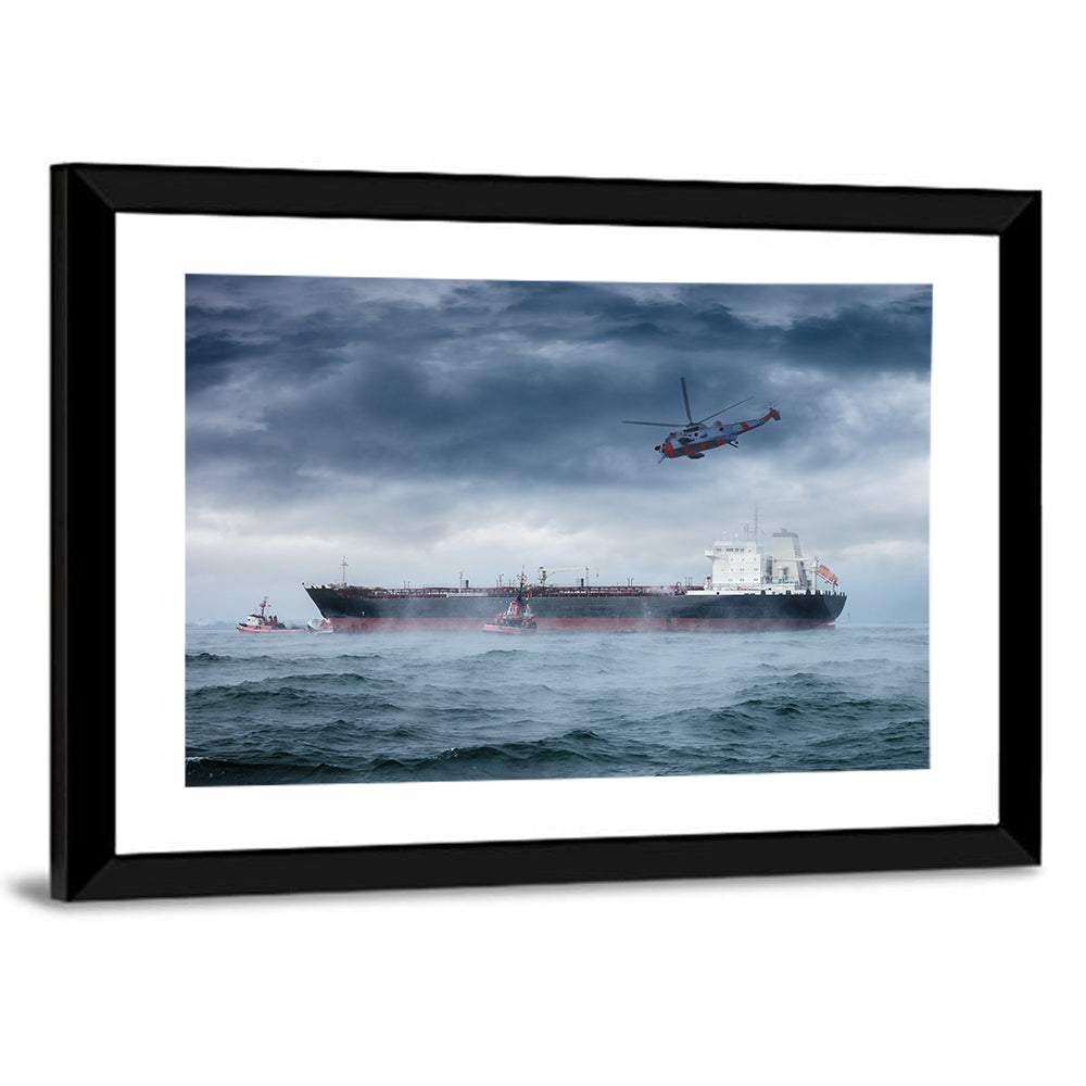 Rescue Helicopter Over Cargo Ship Wall Art