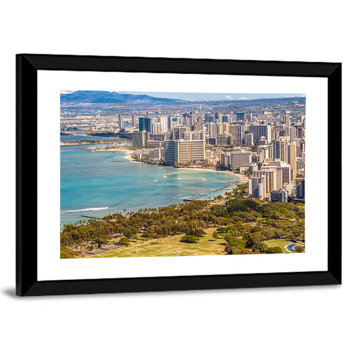 Waikiki Beach and Honolulu Skyline Wall Art as a framed print