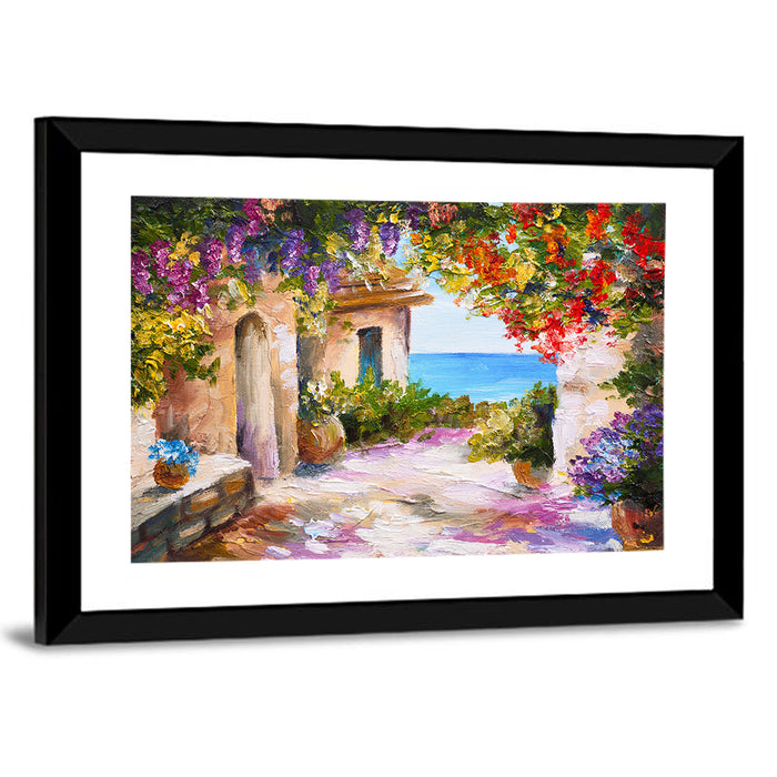 Mediterranean Summer Terrace Wall Art as a framed print