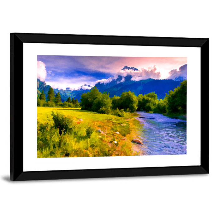 Mountain River Through Meadow Wall Art as a framed print