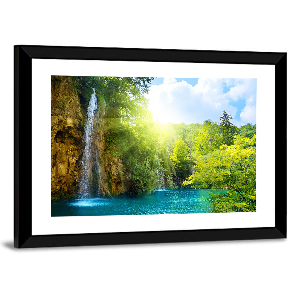 Forest Waterfall at Sunlit Lake Wall Art