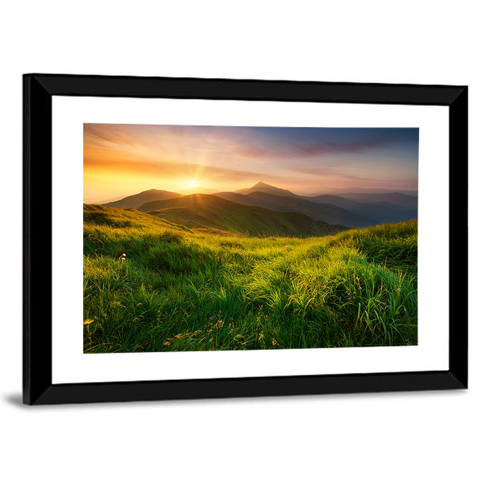 Mountain Valley at Sunrise Wall Art as a framed print