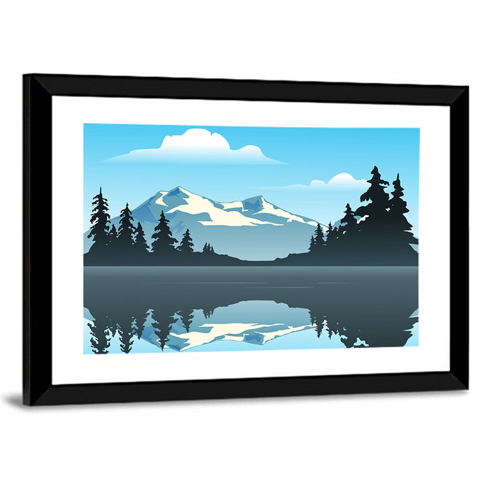 Mountain Lake Reflection Illustration Wall Art as a framed print