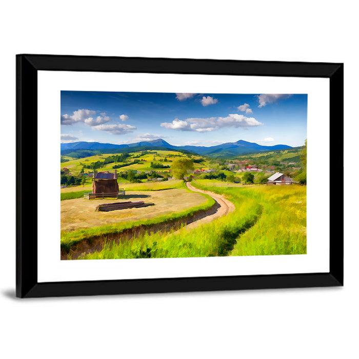 Summer Mountain Village Wall Art as a framed print