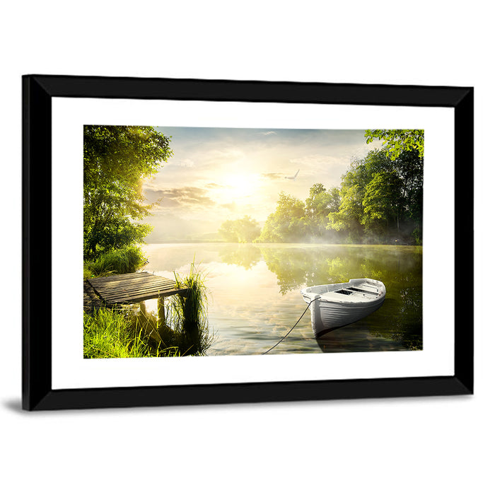 Rowboat at Misty Dock Wall Art as a framed print