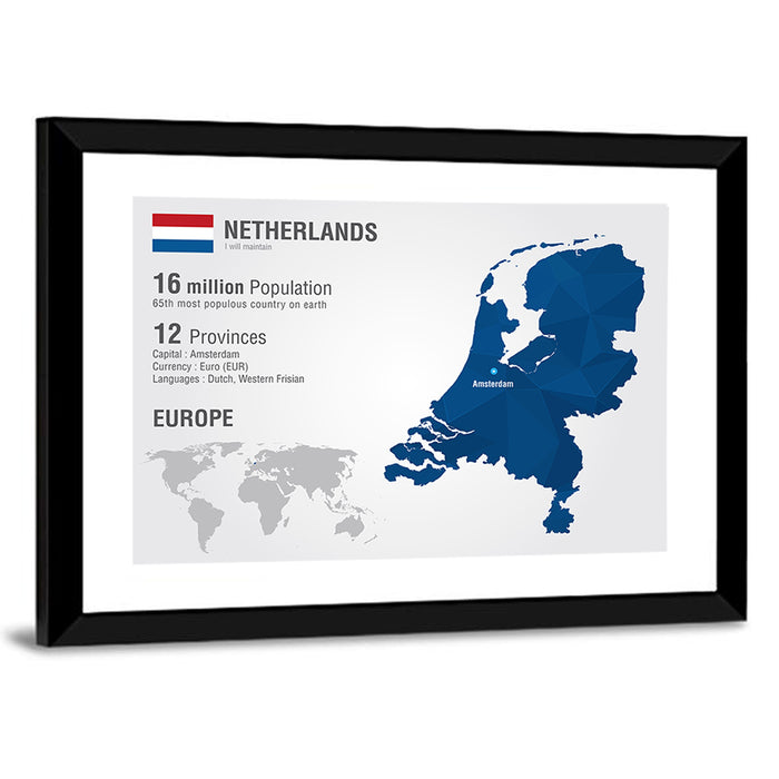 Netherlands Geometric Map Wall Art as a framed print