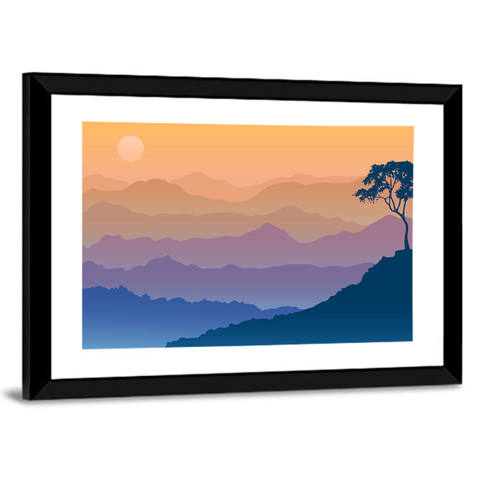 Layered Mountain Sunrise with Tree Silhouette Wall Art as a framed print