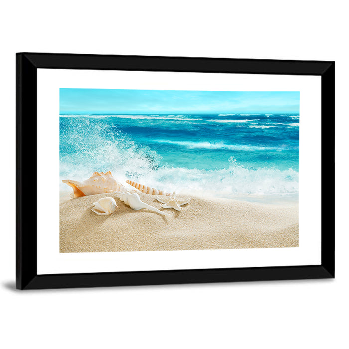 Seashells and Splashing Waves Wall Art as a framed print