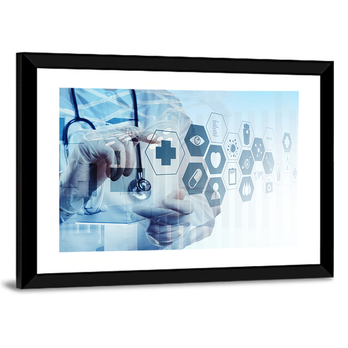 Doctor Double Exposure with Medical Icons Wall Art as a framed print