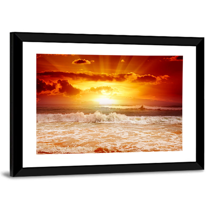 Golden Sunset Over Ocean Waves Wall Art as a framed print