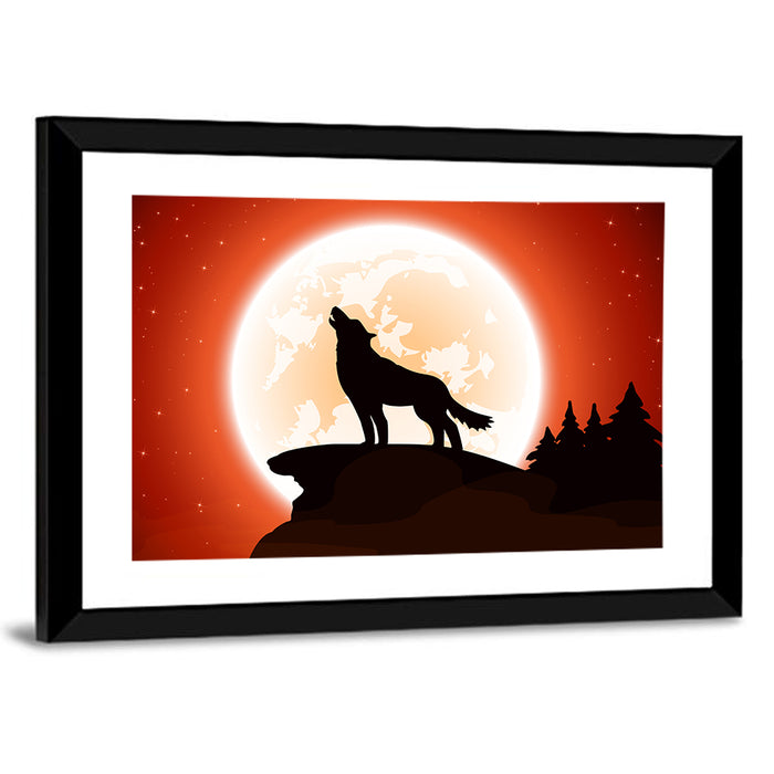 Howling Wolf Under Full Moon Wall Art as a framed print