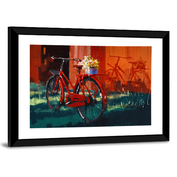 Vintage Bicycle with Floral Basket Wall Art as a framed print