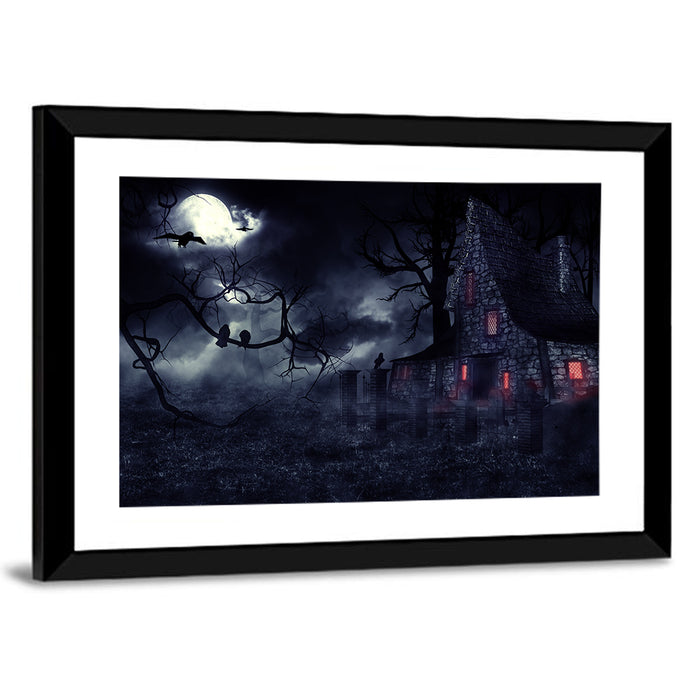 Haunted House Under Full Moon Wall Art as a framed print