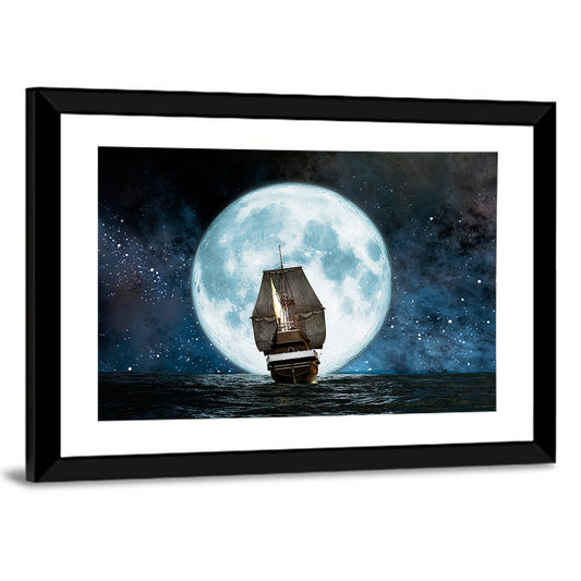 Sea Boat Under Moon Wall Art