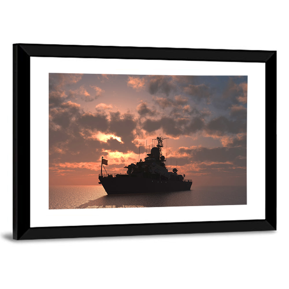 Warship Silhouette at Sunset Wall Art