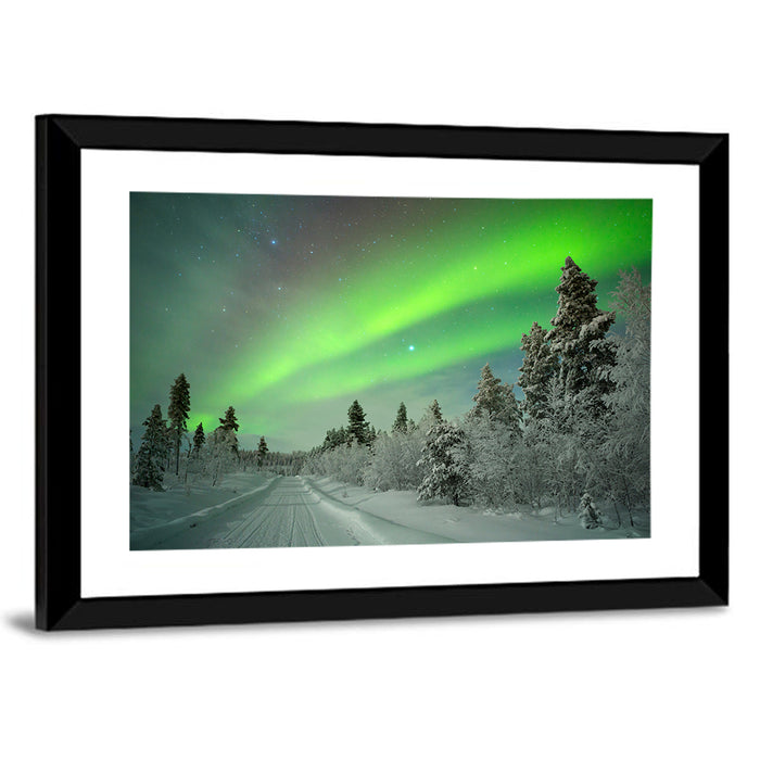 Aurora Over Snowy Forest Road Wall Art as a framed print