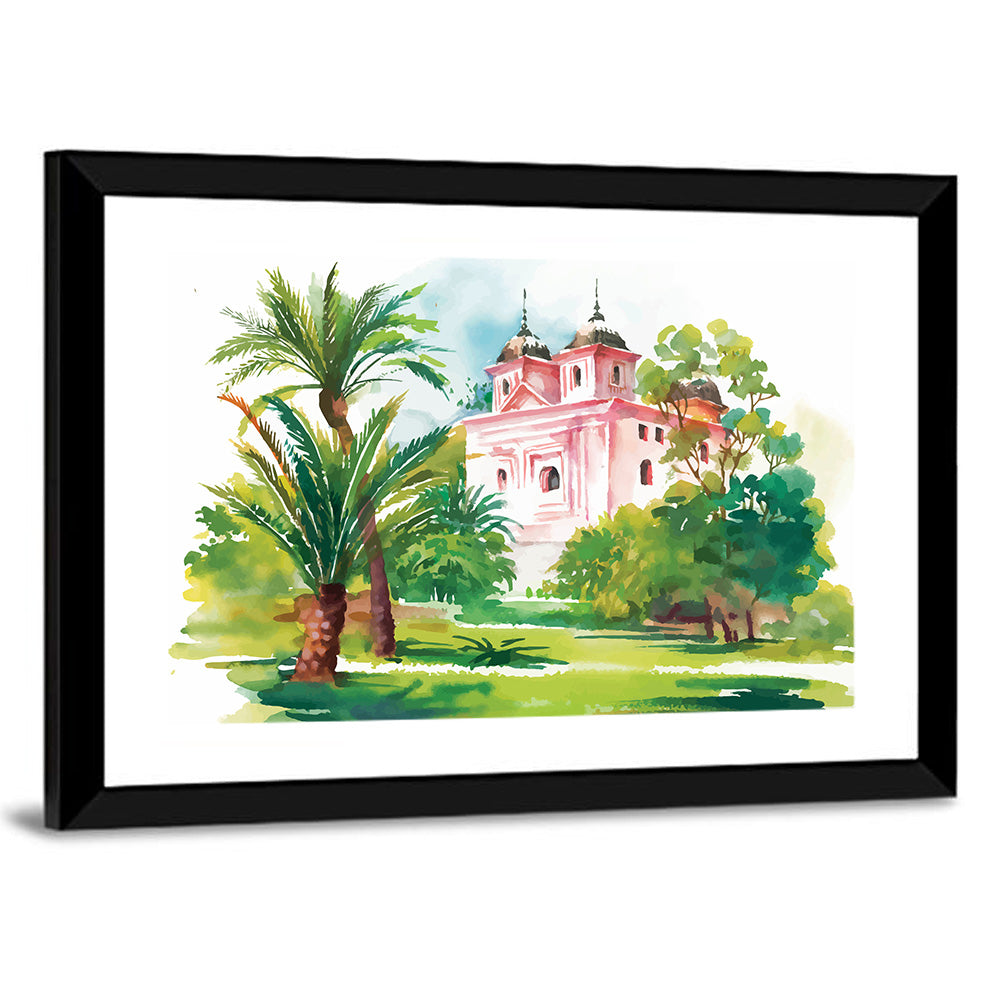 Pink House in Garden Illustration Wall Art