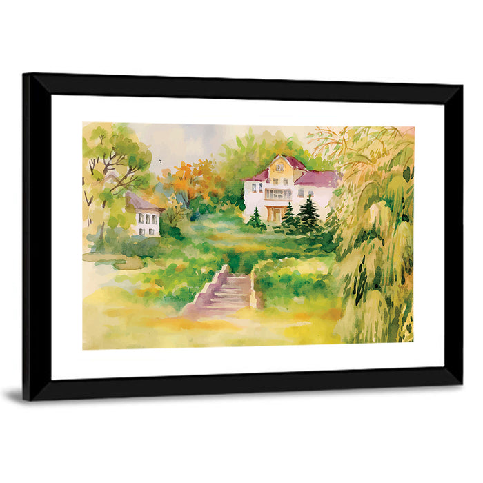 Hilltop House in Garden Illustration Wall Art as a framed print