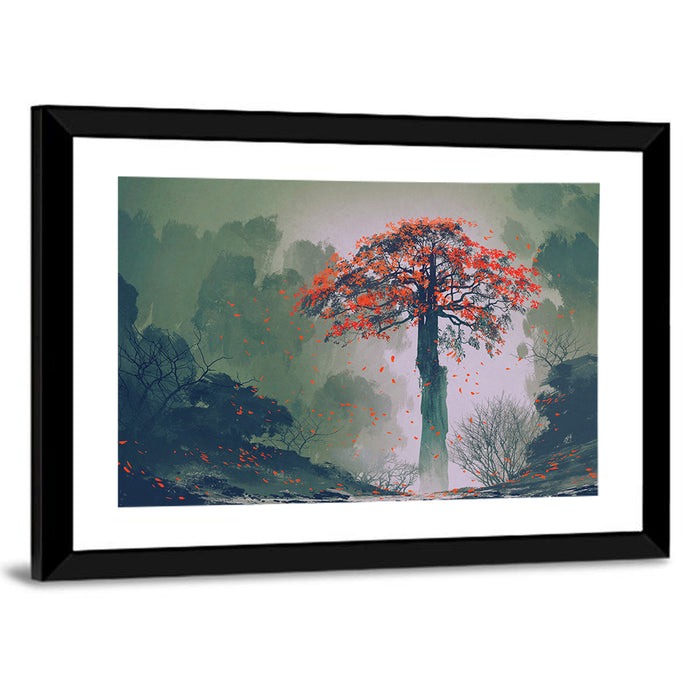 Misty Red Autumn Tree Wall Art as a framed print