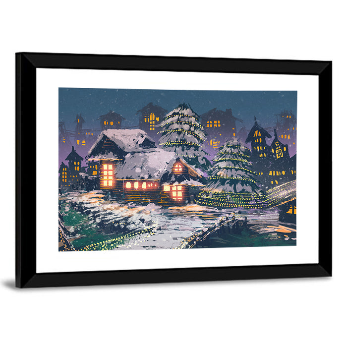 Christmas Night Village Scene Wall Art as a framed print