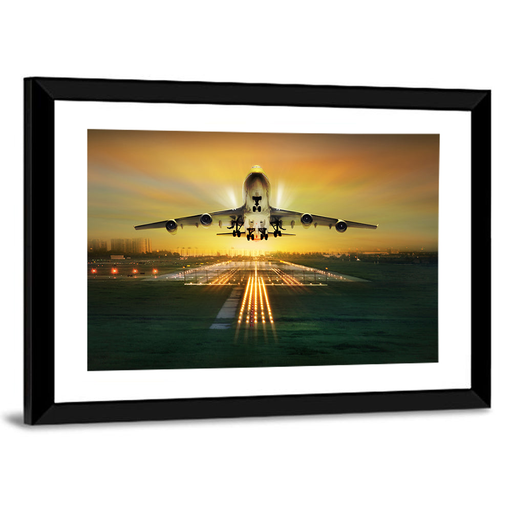 Passenger Plane Over Runway at Dusk Wall Art