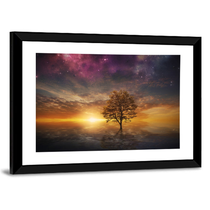 Surreal Tree Over Reflective Lake Wall Art as a framed print