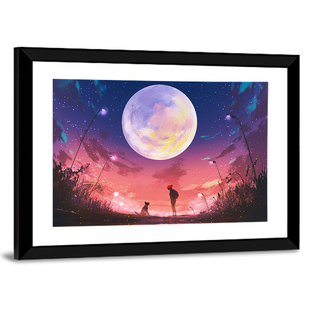 Woman and Dog Beneath Oversized Moon Wall Art